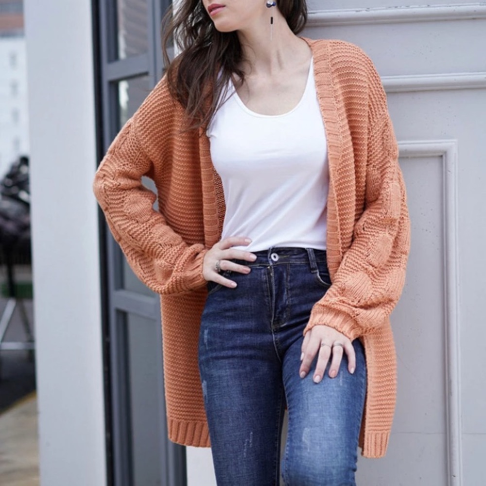Open Cardigan Knit Bubble Detail Sleeve Sweater - Picture 5 of 8